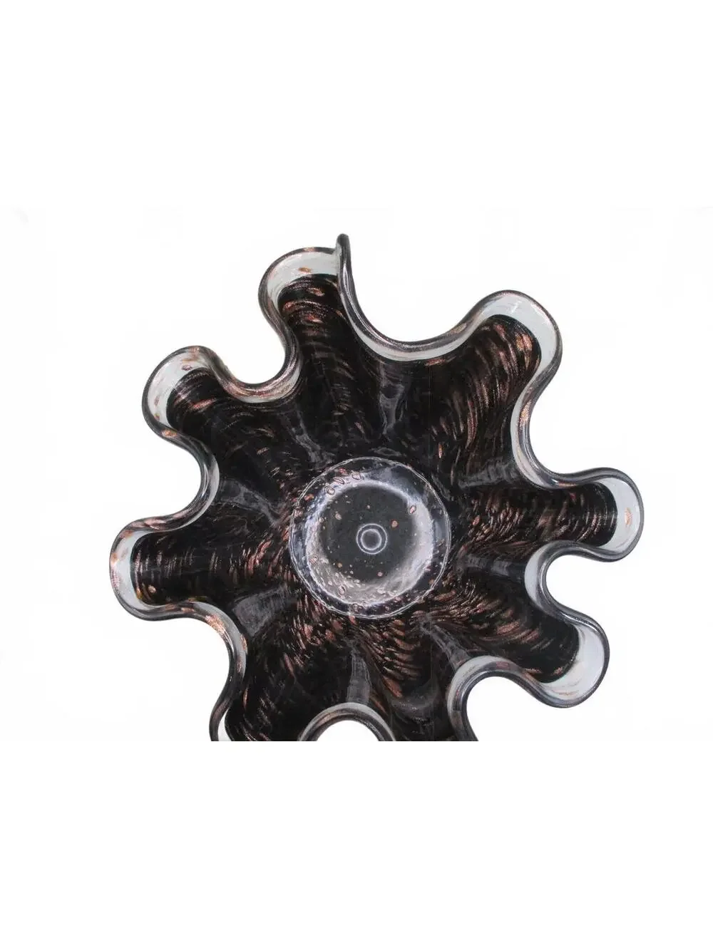 MCM Vintage 12” Black & Copper Aventurine Art Glass Ruffled Bowl 1960s